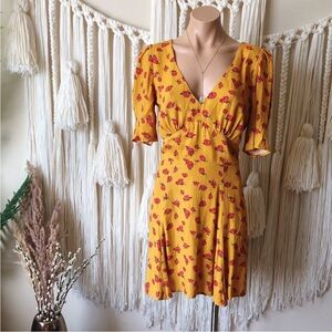 New Reformation Yellow Mustard Floral Rose Dress Sleeved Mini dress Rare 12 XL